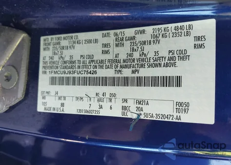 2015 Ford Escape Titanium from USA, damaged, VIN 1FMCU9J93FUC75426